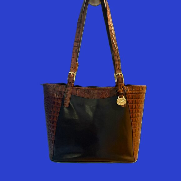 Brahmin Handbags - Brahmin Croc-embossed Brown Leather Black Body Suede Interior Gold Hardware EUC